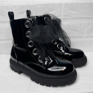 Nina Kids Boots with Mesh Glitter Ribbon Laces Glossy Black Combat Boots